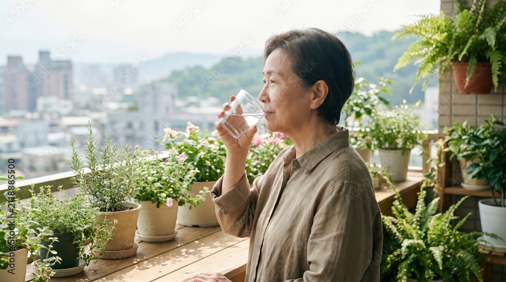 Fototapeta premium Woman Drinks Water on Balcony, World Lungs Day Hydration