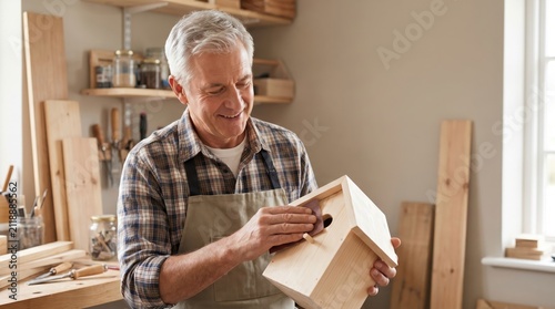 Senior Citizen Day: Retired Man Crafts Birdhouse in Workshop