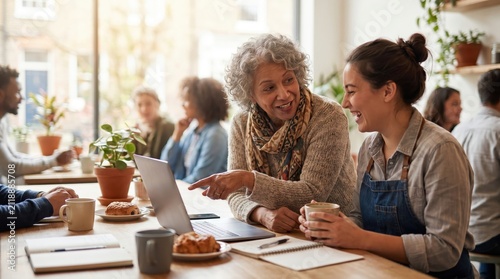Senior Woman Mentors Younger Woman Using Laptop for Senior Citizen Day