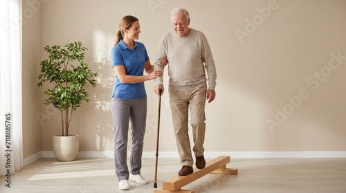 Physical therapist assists senior citizen with balance exercises