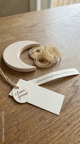 Simple Ceramic Crescent Moon with Clean Focus Tags on Wooden Surface, Low Attention Span Aid
