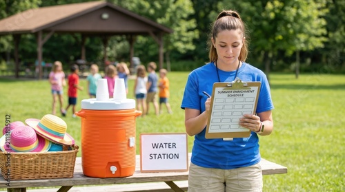 Summer Childcare Leader Checks Activity Schedules at Water Station