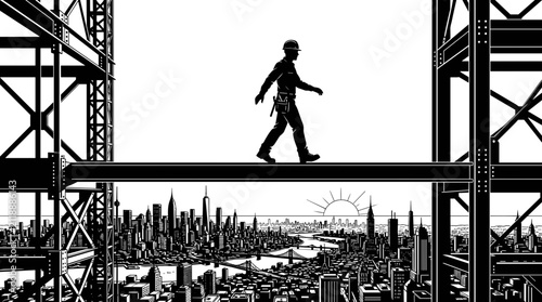 Construction worker walking on steel beam high above city skyline.