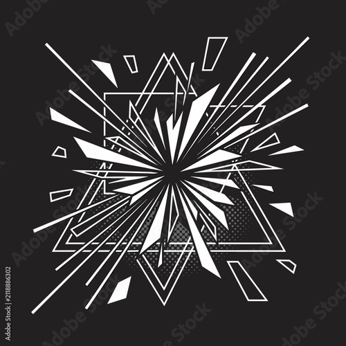 Geometric explosion of white lines and shapes on black background.