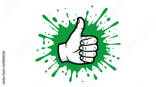 Hand giving thumbs up gesture with green paint splash.