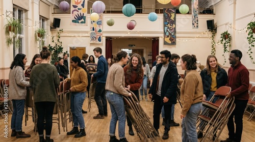 Youth Group Arranging Chairs for India's Independence Day Celebration Indoors