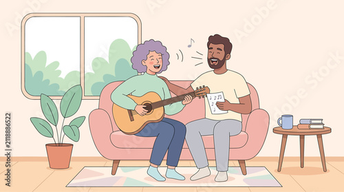 Senior woman playing guitar with husband, elderly couple singing music together, happy senior citizens playing instrument on sofa at home, affectionate relationship illustration