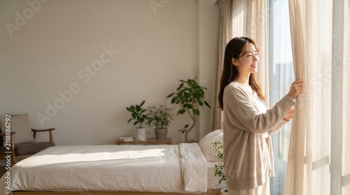 Young Woman Opens Curtains Welcoming Morning Light on World Lungs Day