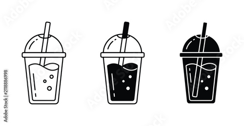 Foto Three stylized vector icons of cold drinks in plastic cups with straws, represen