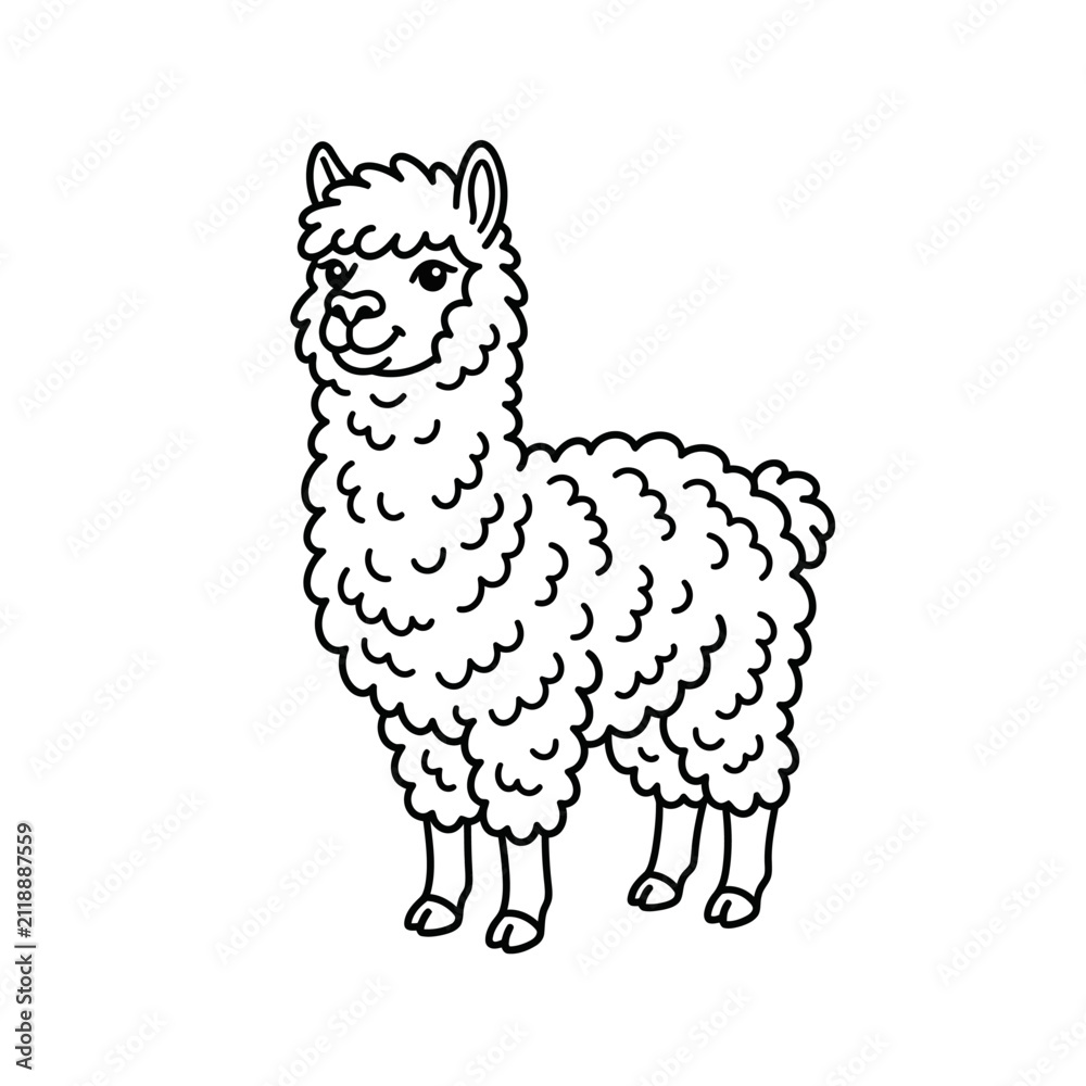 Fototapeta premium Cute llama line art illustration, fluffy alpaca doodle drawing, animal coloring page concept isolated on white background