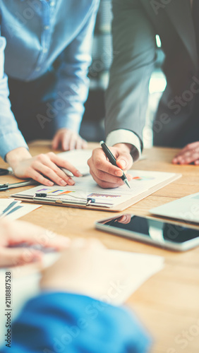 Corporate team analyzing project plan and budget
