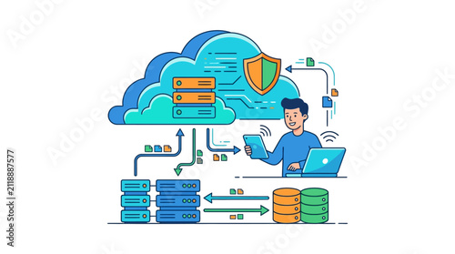 Modern Cloud Business Continuity with Backup and Redundancy Systems Editable Vector Graphic