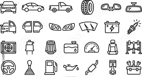 Car maintenance and vehicle spare parts thin line icon set featuring auto repair and garage tools,