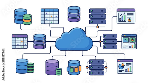 Modern Cloud Database Management and Storage Network Vector Illustration