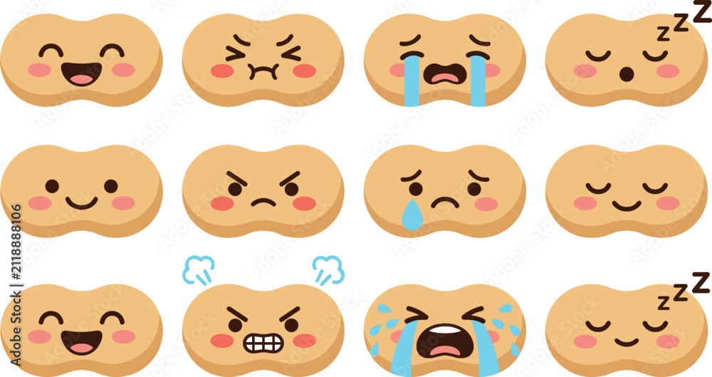 Fototapeta premium Cute Peanut Character Emoticon Icon Set Featuring Happy, Angry, Crying, and Sleeping Food Mascot Expressions for Mobile App Sticker Designs
