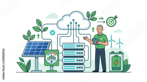 Minimalist Cloud Energy Efficiency and Sustainable Computing Infrastructure Editable Vector Graphic