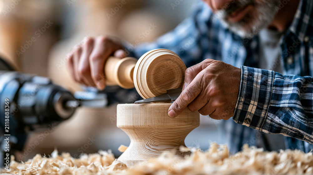 Obraz premium Faceless wood turner measuring workpiece dimensions with hand and power tools, wood turning, workpiece measurement, factory power tools, carpentry precision, with copy space