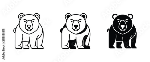 Bear Icons Set, Simple Line Art and Solid Black Vector Graphics for Wildlife and Nature Themes