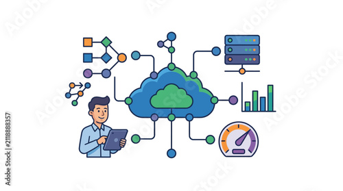 Cloud Monitoring Dashboard and System Performance Analytics Vector Design Template