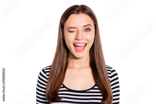 Foto Close up photo of pretty lady winking laughing wearing striped pullover isolated