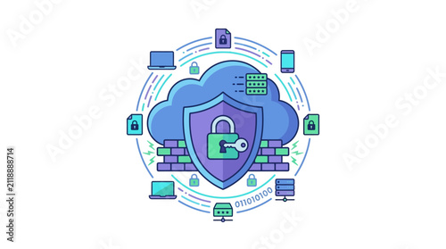 Modern Cloud Security and Data Encryption Protection Vector Illustration