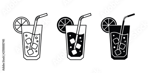 Refreshing Iced Drinks Collection: Three Vector Styles of Cocktails, Lemonade, or Soda with Ice Cubes and Citrus Garnish