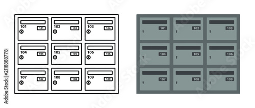 Set of Nine Numbered Mailboxes in Line Art and Color