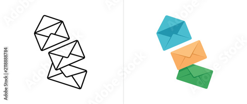 Set of colorful paper envelope icons in flat and outline style