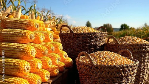 Bountiful Harvest Of Golden Corn Stacked In Wicker Baskets Under Clear Blue Sky Symbolizing Agricultural Abundance And Seasonal Produce