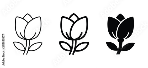 Tulip Icons Set: Line Art, Outline, and Solid Fill Vector Graphics for Spring and Floral Designs