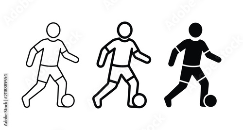 Soccer Player Icons: Three Stylized Figures Kicking Ball, Black and White Vector Graphics for Sports and Fitness