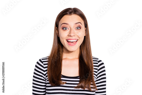 Фотография Portrait of impressed person lookign screaming wearing striped jumper isolated o