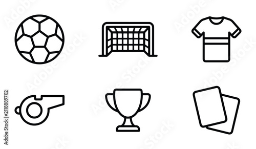 Soccer Icons Set: Ball, Goal, Jersey, Whistle, Trophy, Cards. Sport Game Vector Graphics for Championship and Match Design