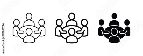 Meeting Icons, Team Collaboration Symbols, and Group Discussion Graphics. Set of 3 diverse styles: outline, filled outline, and solid black vector illustrations for business concepts.