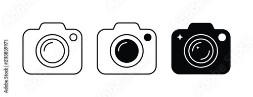 Camera Icons Set: Simple Line Art, Filled Outline, and Solid Black Graphics for Photography and Media Projects