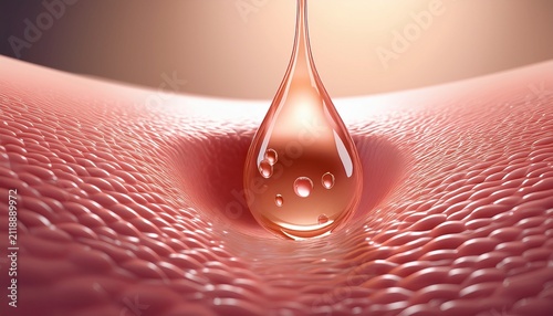a 3d close up showing a liquid droplet entering a skin pore visualizing skin hydration or serum