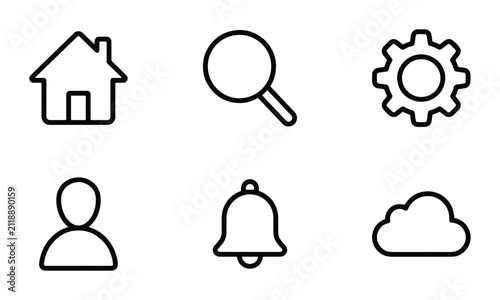 Minimalist Line Icons: Home, Search, Settings, User, Bell, Cloud for Web & App Design