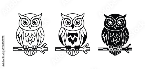 Three Stylized Owl Icons: Outline, Filled, and Silhouette, Perched on Branches, Vector Graphics for Nature and Wisdom Themes