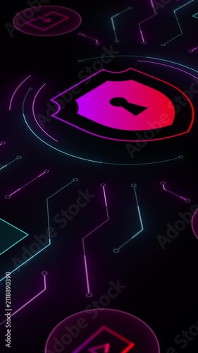 Low angle perspective of a vertical AI security module featuring encrypted data blocks and circuit connections.