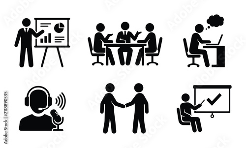 Business Meeting Icons, Presentation Graphics, Teamwork Symbols, Customer Support, Deal Making, Corporate Strategy Vector Set