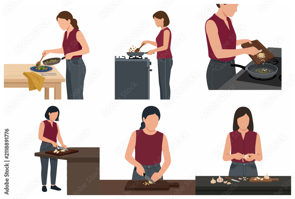 Fototapeta premium Vector illustration set of a woman cooking in the kitchen, chopping garlic, frying ingredients, and serving a healthy meal at home.