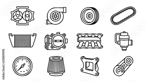 Automotive Engine Parts Outline Icon Set