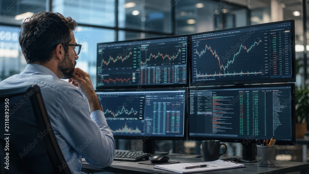 Fototapeta premium Financial analyst monitoring stock market trading charts and investment data on multiple computer screens