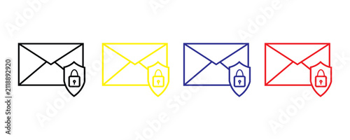A set of four colorful secure email icons featuring a closed padlock on a shield representing digital privacy and data protection