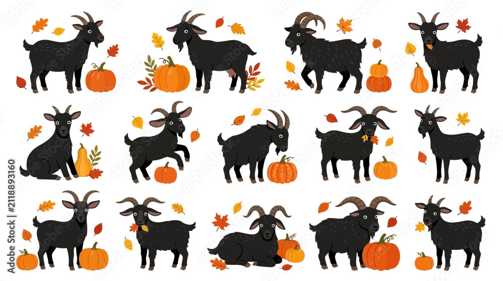 Fototapeta premium Set of cute hand drawn black goats with pumpkins and autumn leaves isolated on white background for seasonal harvest design projects