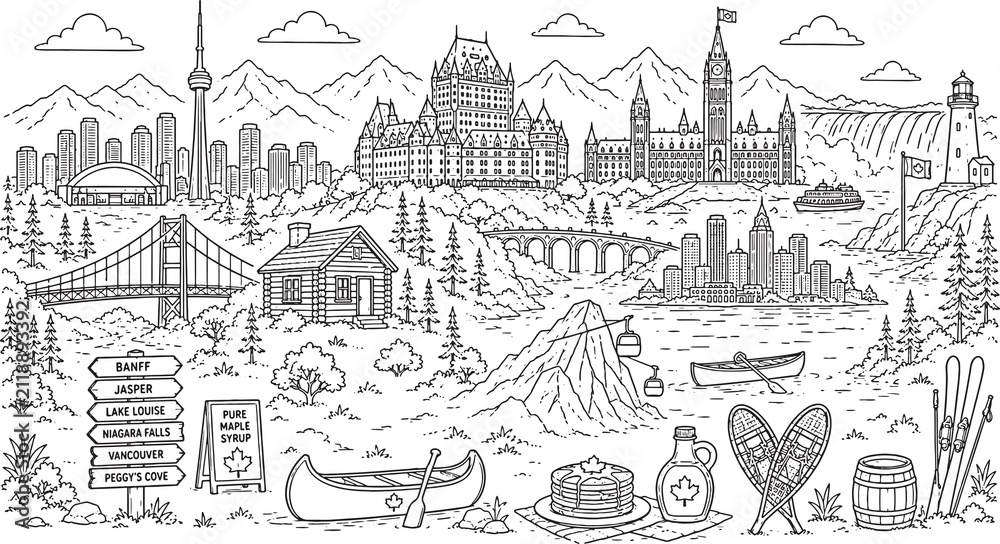 Naklejka premium Detailed Canada Landmarks and Wildlife Illustration for Coloring Page