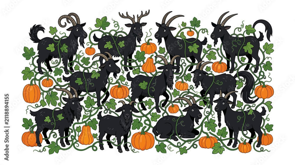 Obraz premium A whimsical illustration featuring a group of cute black goats playing among orange pumpkins and green vines on white background