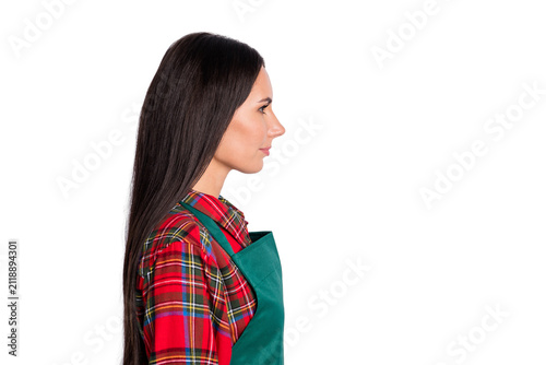 Canvastavla Profile side photo of serious young charming lady wear checkered shirt service w