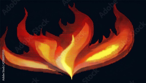 burning fire flame shape composition with dotted halftone pixelated style on dark backdrop