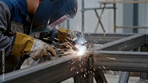 Close-Up View Of A Skilled Welder Working On Metal Structures In A Workshop With Sparks Flying From The Welding Process